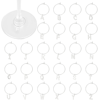 201 Stainless Steel Wine Glass Charms, with 316 Surgical Stainless Steel Hoop Earring Findings, Letter A~Z, Stainless Steel Color, 40mm, 26 style, 1pc/style, 26pcs/set