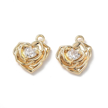 Valentine's Day Brass Micro Pave Cubic Zirconia Charms, Heart Shaped Rose Charms, Real 18K Gold Plated, Clear, 13.5x12.5x4mm, Hole: 1.3mm