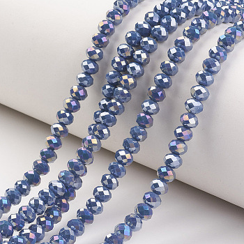 Electroplate Glass Beads Strands, Opaque Solid Color, AB Color Plated, Faceted, Rondelle, Steel Blue, 2.3~2.7x2mm, Hole: 0.4mm, about 150~155pcs/strand, 32~33cm