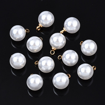 ABS Plastic Imitation Pearl Charms, with Brass Findings, Golden, Round, White, 11.2x8mm, Hole: 1.5mm