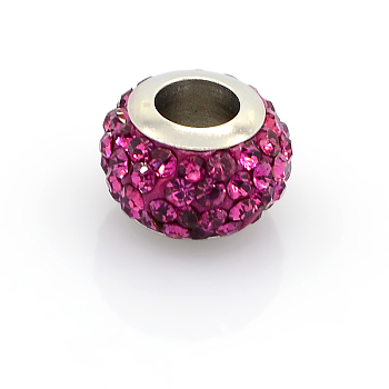 304 Stainless Steel Polymer Clay Rhinestone European Beads, Large Hole Rondelle Beads, Rose, 12.5x8mm, Hole: 5mm