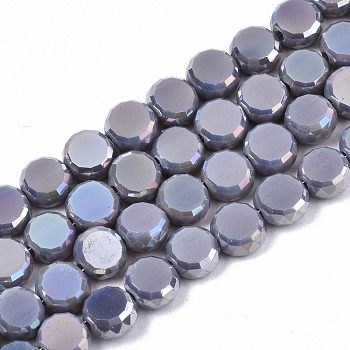 Electroplate Opaque Solid Color Glass Beads Strands, AB Color Plated, Faceted Flat Round, Dark Gray, 8x4mm, Hole: 1.5mm, about 99~101pcs/strand, 27.76 inch~28.94 inch, (70.5cm~73.5cm)