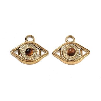 Ion Plating(IP) 304 Stainless Steel Pendants, Natural Tiger Eye Charms, Real 18K Gold Plated, Eye, 15x18x4mm, Hole: 2.5mm