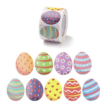 9 Patterns Easter Theme Self Adhesive Paper Sticker Rolls, Egg-Shaped Sticker Labels, Gift Tag Stickers, Stripe & Wave & Heart, Mixed Patterns, 38x30x0.1mm, 500pcs/roll