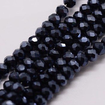Electroplate Glass Bead Strands, Rondelle, Faceted, Pearl Luster Plated, Black, 3~3.5x2mm, Hole: 1mm, about 120~125pcs/strand, 12.4 inch