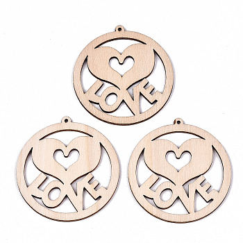 Undyed Natural Wooden Big Pendants, Laser Cut Shapes, Dount with Flower & Word Love, Antique White, 63.5x59.5x2mm, Hole: 1.8mm