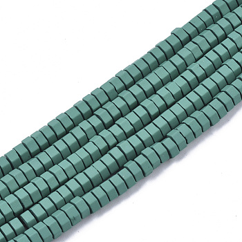 Spray Painted Non-magnetic Synthetic Hematite Beads Strands, Hexagon, Teal, 4x2mm, Hole: 0.9mm, about 82~87pcs/strand, 16.14 inch(41cm)