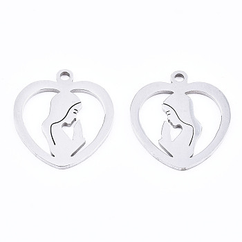 201 Stainless Steel Pendants, Laser Cut, Heart with Virgin Mary, Stainless Steel Color, 17.5x15.5x1mm, Hole: 1.4mm