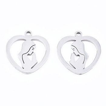 Non-Tarnish 201 Stainless Steel Pendants, Laser Cut, Heart with Virgin Mary, Stainless Steel Color, 17.5x15.5x1mm, Hole: 1.4mm