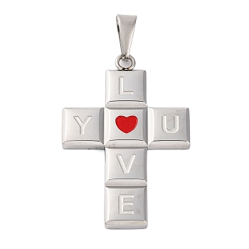 304 Stainless Steel Enamel Pendants, Cross with Word Love You Charm, Stainless Steel Color, 45x30x3.5mm, Hole: 10x4.5mm