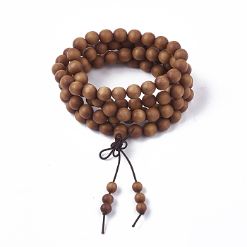 4-Loop Wrap Style Buddhist Jewelry, Sandalwood Mala Bead Bracelets, Stretch Bracelets, Round, Sandy Brown, 3-1/2 inch(9cm)