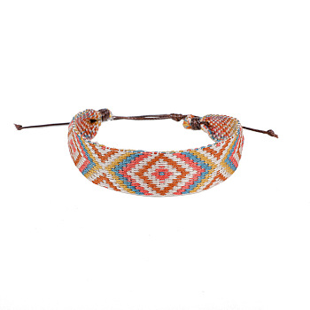 Cotton Flat Cord Bracelet with Wax Ropes, Braided Ethnic Tribal Adjustable Bracelet for Women, Rhombus, 7-1/4 inch(18.5cm)