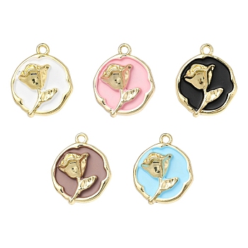 5Pcs Rack Plating Alloy Enamel Pendants, Cadmium Free & Lead Free, Flat Round with Rose, Mixed Color, 21.5x18.5x5.5mm, Hole: 1.6mm