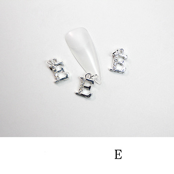 Alloy Rhinestone Cabochons, Nail Art Decoration Accessories, with Jump Ring, Letter, Platinum, Letter.E, 11~14x5~12mm