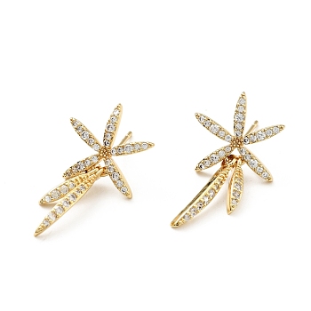 Clear Cubic Zirconia Leaf Dangle Stud Earrings, Brass Jewelry for Women, Cadmium Free & Lead Free, Real 18K Gold Plated, 27x15x2.3mm, Pin: 0.8mm