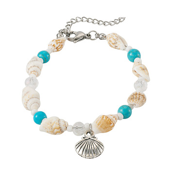 304 Stainless Steel Charm Bracelets, Glass & Synthetic Turquoise & Natural Sea Shell Beaded Bracelets for Women, Shell Shape, Stainless Steel Color, 7.28 inch(18.5cm)