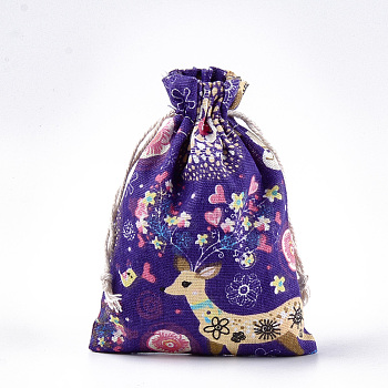 Polycotton(Polyester Cotton) Packing Pouches Drawstring Bags, with Deer Printed, Colorful, 18x13cm