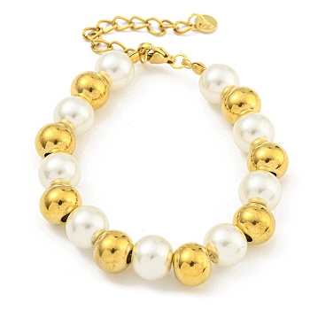 304 Stainless Steel & 201 Stainless Steel & Plastic Pearl Round Beaded Bracelets for Women, Golden, 6-7/8 inch(17.5cm)