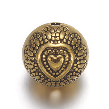 Tibetan Style Alloy Beads, Lead Free & Cadmium Free, Round with Heart, Antique Golden, about 10mm in diameter, 8mm thick, Hole: 1.5mm