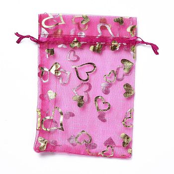 Organza Drawstring Jewelry Pouches, Wedding Party Gift Bags, Rectangle with Gold Stamping Heart Pattern, Fuchsia, 15x10x0.11cm