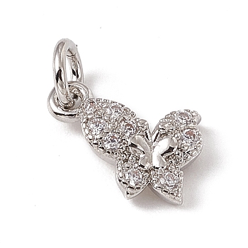 Brass Micro Pave Clear Cubic Zirconia Butterfly Charms, with Open Jump Rings, Platinum, 8x10.5x2.5mm, Hole: 2.7mm