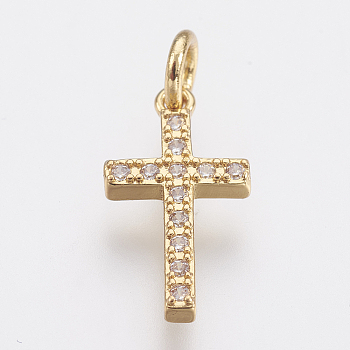 Brass Micro Pave Cubic Zirconia Pendants, Lead Free & Cadmium Free, Cross, Golden, 16x8.5x2mm, Hole: 2.5mm
