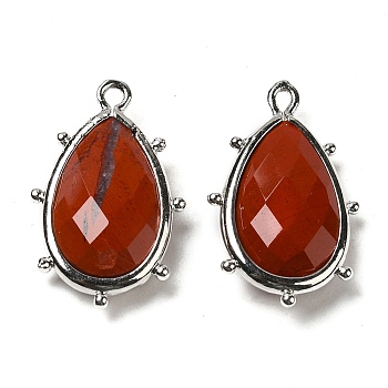 Natural Red Jasper Pendants, with Platinum Brass Edge, Faceted, Teardrop, 22.5x14x5.5mm, Hole: 1.6mm.