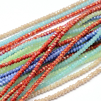 Faceted Rondelle Full Rainbow Plated Electroplate Glass Beads Strands, Mixed Color, 2.8~3x2mm, Hole: 0.8mm, about 200pcs/strand, 15.1 inch