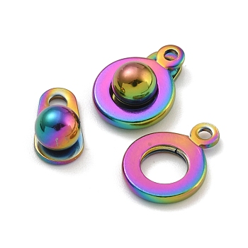 Ion Plating(IP) 201 Stainless Steel Snap Clasps, Round, Rainbow Color, 15x9.5x5mm, Hole: 1mm and 2mm