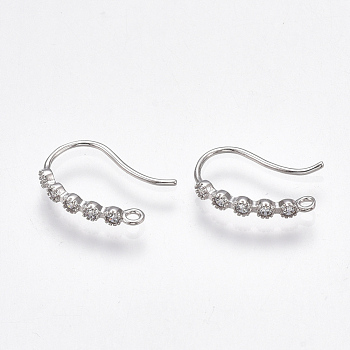 Brass Earring Hooks, with Cubic Zirconia and Horizontal Loop, Nickel Free, Real Platinum Plated, 15x10x2mm, Hole: 1mm, 20 Gauge, Pin: 0.8mm