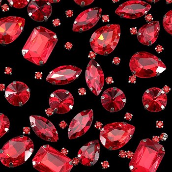 156Pcs 7 Styles Sew on Rhinestone, Mixed Shapes Glass Rhinestone, with Iron Prong Settings, Garments Accessories, Faceted, Light Siam, 4~18x4~13x3~8mm, Hole: 0.8~1.5mm