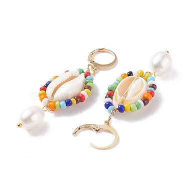 Natural Shell and Pearl Wrapped Dangle Hoop Earrings(EJEW-TA00049)-5