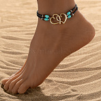 Double Heart Alloy Link Stretch Anklets, Synthetic Turquoise & Glass Seed Beaded Double Layer Necklaces, Black, 8-1/8 inch(205mm), Inner Diameter: 2-1/2 inch(65mm)(WGB60B8-08)