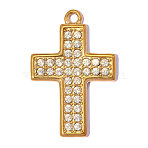304 Stainless Steel with Crystal Rhinestone Pendants, Ion Plating(IP), Cross Charms, Hand Polished, Real 18K Gold Plated, 31x20mm, Hole: 2.3mm(RB-OY001-30G)