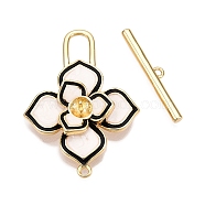 Brass Toggle Clasps, with Enamel, Flower, Real 18K Gold Plated, 30x21x5.5mm, Hole: 1.4mm, Bar: 3.5x21x2mm, Hole: 1.2mm, Pin: 0.8mm(KK-N054-151G)