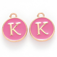 Golden Plated Alloy Enamel Charms, Cadmium Free & Lead Free, Enamelled Sequins, Flat Round with Letter, Camellia, Letter.K, 14x12x2mm, Hole: 1.5mm(X-ENAM-S118-08K)
