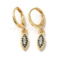 Horse Eye Brass Dangle Leverback Earrings, with Cubic Zirconia, Real 18K Gold Plated, 26x4.5mm(EJEW-Q797-02D-G)