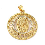Brass Micro Pave Clear Cubic Zirconia Pendants, Flat Round with Virgin Mary, Real 18K Gold Plated, 31x27.5x5mm, Hole: 5x3mm(ZIRC-A021-29G)