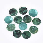 Spray Paint Natural Akoya Shell Pendants, Mother of Pearl Shell Pendants, Flat Round, Teal, 15x1~3mm, Hole: 1.5mm(SHEL-S274-75C-09)