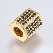 Brass Micro Pave Cubic Zirconia Beads, Hexagon Column, Black, Golden, 8.5x8x7.5mm, Hole: 4mm(ZIRC-G138-01G)