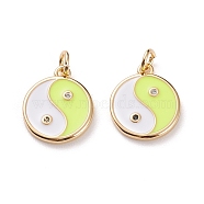 Brass Micro Pave Clear Cubic Zirconia Pendants, with Enamel & Jump Rings, Flat Round with Yin Yang, Real 18K Gold Plated, Green Yellow, 15x12.5x2mm, Jump Ring: 5x1mm, 3mm Inner Diameter(KK-C100-16G-05)
