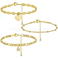 Anklets Sets, with Brass Micro Pave Cubic Zirconia Charms, 304 Stainless Steel Chain Extender & Figaro Chains & Pendant  & Lobster Claw Clasps & Cable Chains & Coffee Bean Chains, Letter.W, 8.5x8x1.5mm, 8-1/2 inch(21.5cm), 3pcs/set(AJEW-AN00383-23)