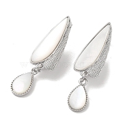 Teardrop Brass Fold Over Clasps, with Natural White Shell, Real Platinum Plated, 31.5x9x9mm(KK-Z073-35P-01)