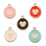 Alloy Enamel Charms, Light Gold, Flat Round with Heart, Mixed Color, 14x11.5x2mm, Hole: 1.6mm(ENAM-CJC0007-01)