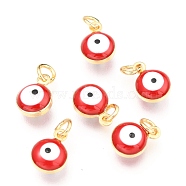 Brass Enamel Charms, Real 18K Gold Plated, Long-Lasting Plated, with Jump Ring, Evil Eye, Red, 9.5x6.5x4.5mm, Hole: 2.5mm(KK-B024-02G-F)