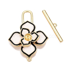 Brass Toggle Clasps, with Enamel, Flower, Real 18K Gold Plated, 30x21x5.5mm, Hole: 1.4mm, Bar: 3.5x21x2mm, Hole: 1.2mm, Pin: 0.8mm(KK-N054-151G)