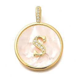 Rack Plating Brass Micro Pave Clear Cubic Zirconia Pendants with Shell, Letter Series Charms, Long-Lasting Plated, Lead Free & Cadmium Free, Letter S, 32x24x3.5mm, Hole: 6x3mm(KK-M309-42G-S)