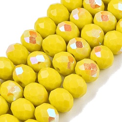 Electroplate Opaque Solid Color Glass Beads Strands, Half Rainbow Plated, Faceted, Rondelle, Yellow, 8x6mm, Hole: 1mm, about 60~62pcs/strand, 39~40cm(EGLA-A044-P8mm-L04)