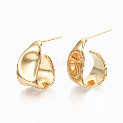 Brass Half Hoop Earrings, Stud Earrings, Nickel Free, Hammered, Real 18K Gold Plated, 19x11mm, Pin: 0.7mm(KK-S356-149G-NF)