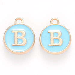 Golden Plated Alloy Enamel Charms, Cadmium Free & Lead Free, Enamelled Sequins, Flat Round with Letter, Sky Blue, Letter.B, 14x12x2mm, Hole: 1.5mm(X-ENAM-S118-04B)